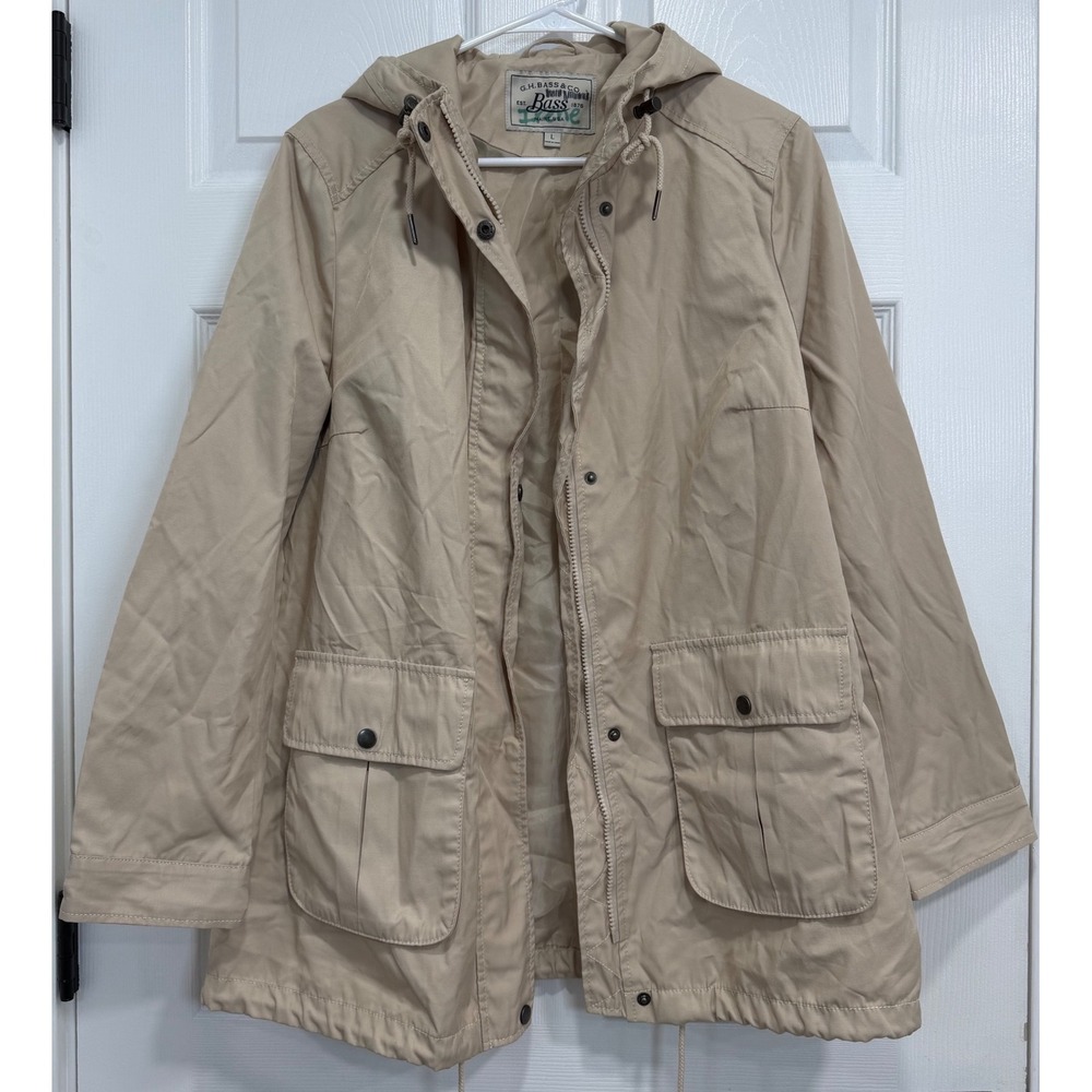 G.H. Bass Womens Khaki Utility Jacket Hooded Cargo Pockets Drawstring Large L